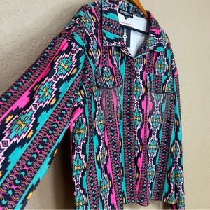 Rowdy Crowd Aztec print boutique jacket pockets Brand new fringe size 2X New